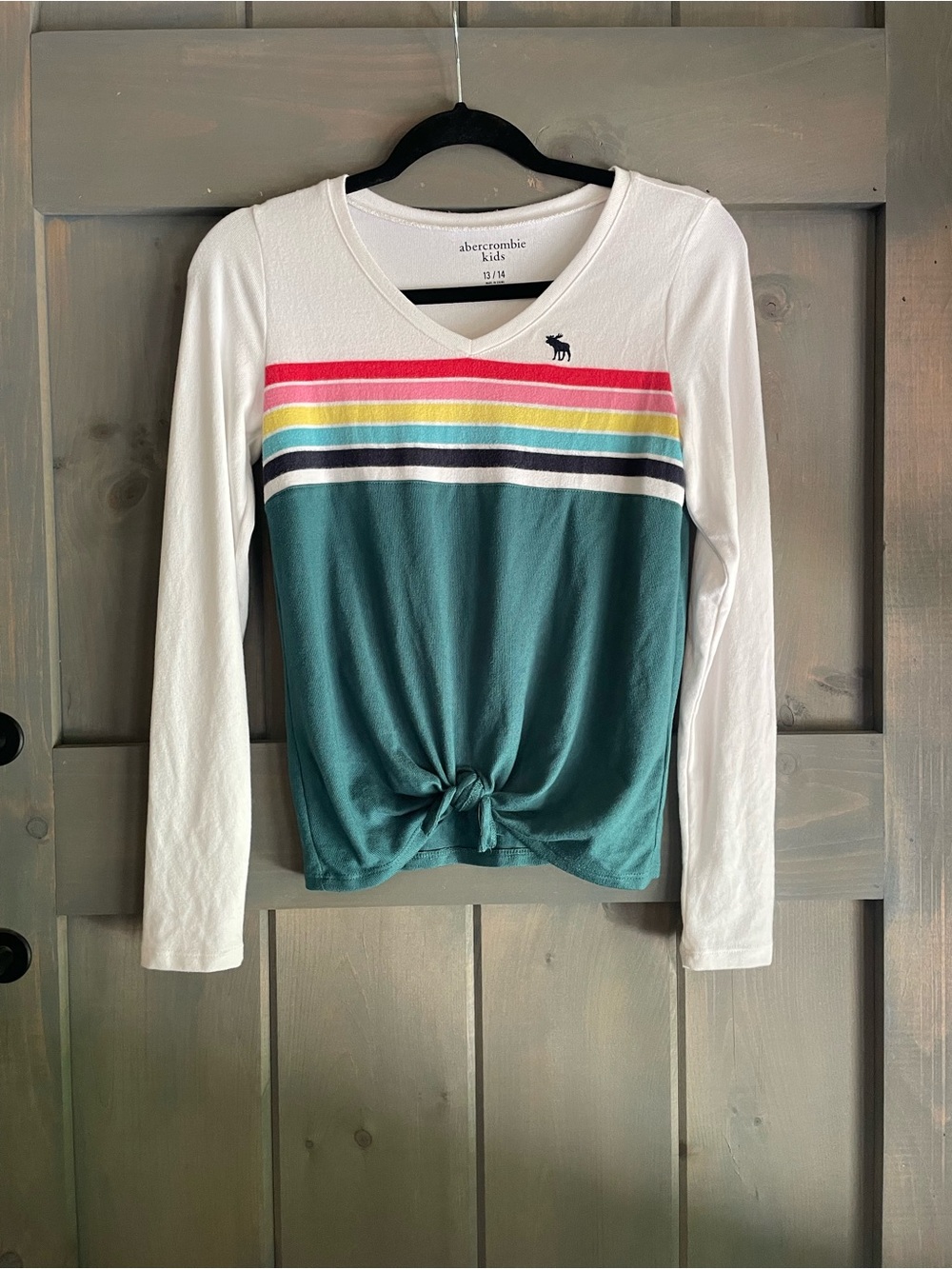 Abercrombie Kids Long-Sleeve V-Neck Colorblock Tie-Front Top - Teal/White